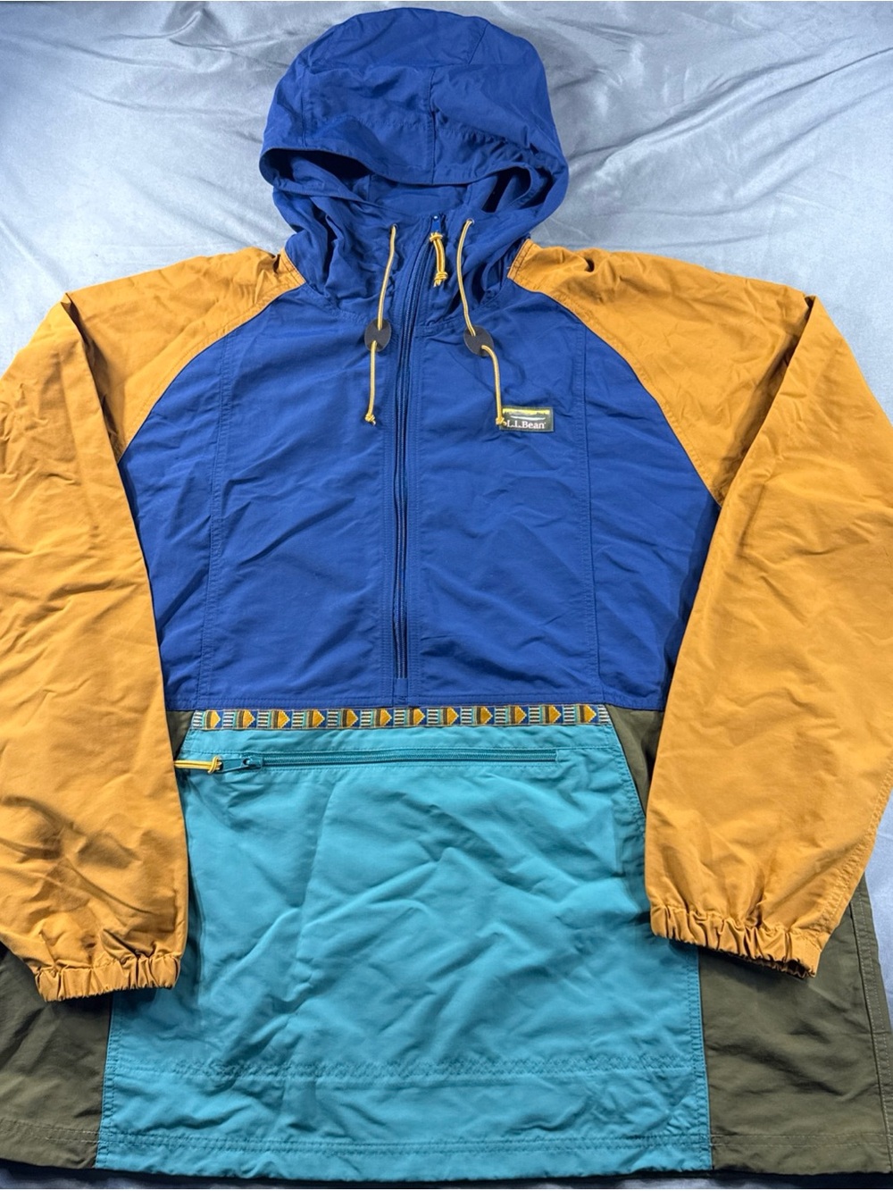 L.L. Bean Colorblock Hooded Windbreaker - Blue, Gold, Teal